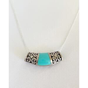 Turquoise Stone Filigree Sterling Silver Tube Pendant Necklace 925 Vintage 1980s